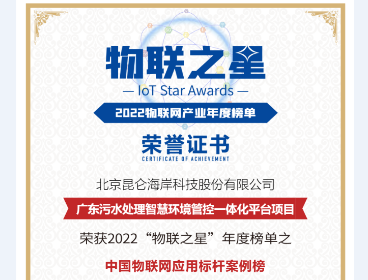 喜訊 | 昆侖海岸榮登“2022物聯之星”中國物聯網應用標桿案例榜!